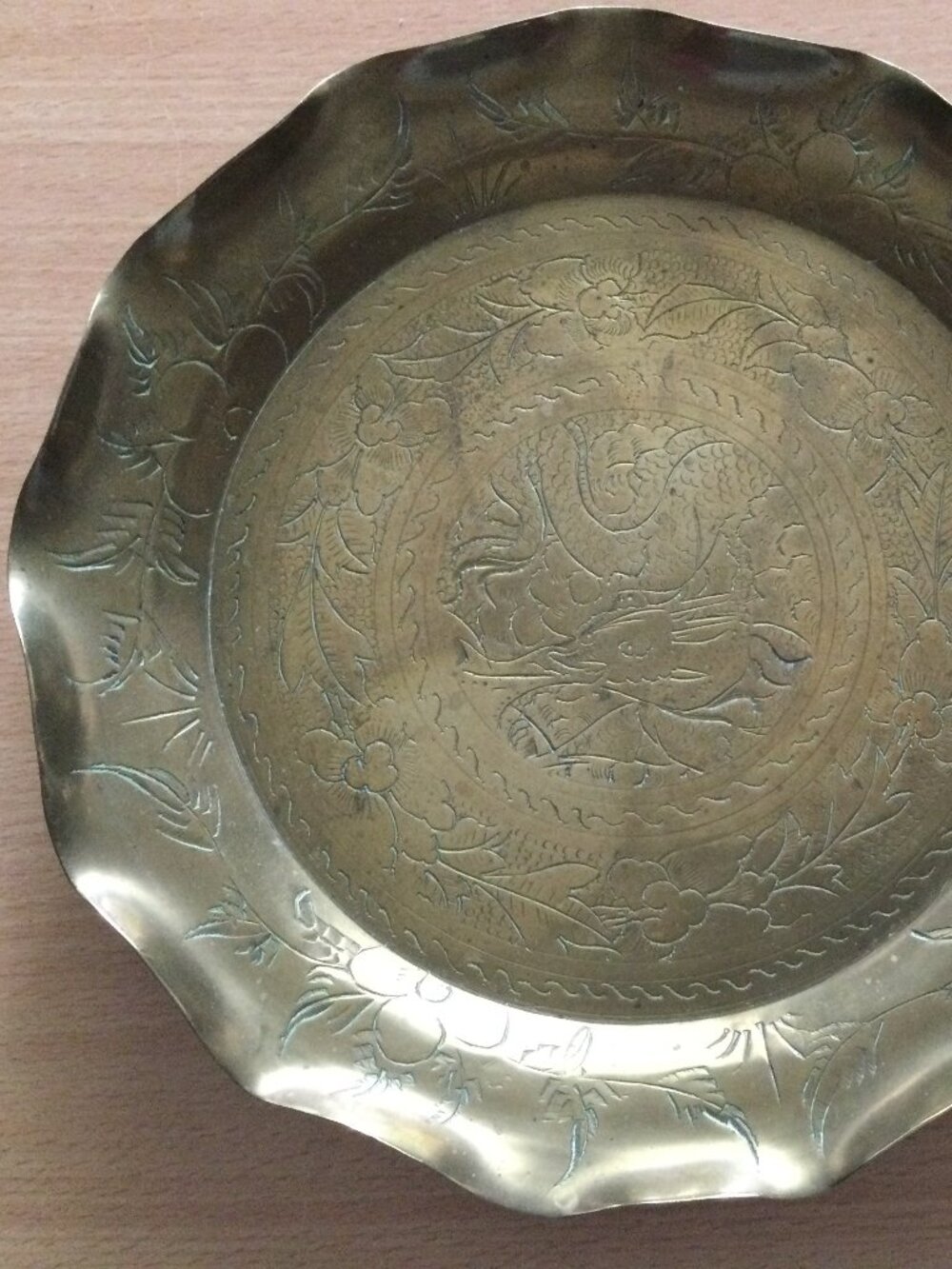 Vintage Chinese Brass hand engraved plate dragon floral footed scalloped edge